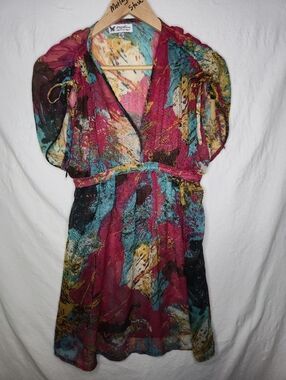 Papillon Ladies Sheer Multicoloured Abstract Dress With Tie Waist Size Medium